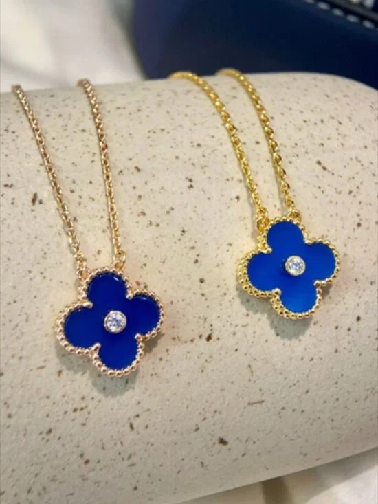 Van Cleef & Arpels Sapphire Blue Porcelain Four-Leaf Clover Necklace - Picture 2 of 4